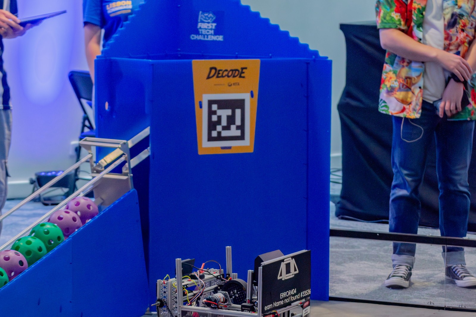 The blue alliance goal of the DECODE field at the Lisbon Scrimmage, with artifacts in the chute